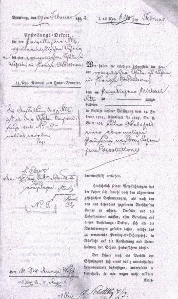 Dokument niemiecki z 1832 roku, dotyczący zatrudnienia nauczyciela w szkole w Lipinach.